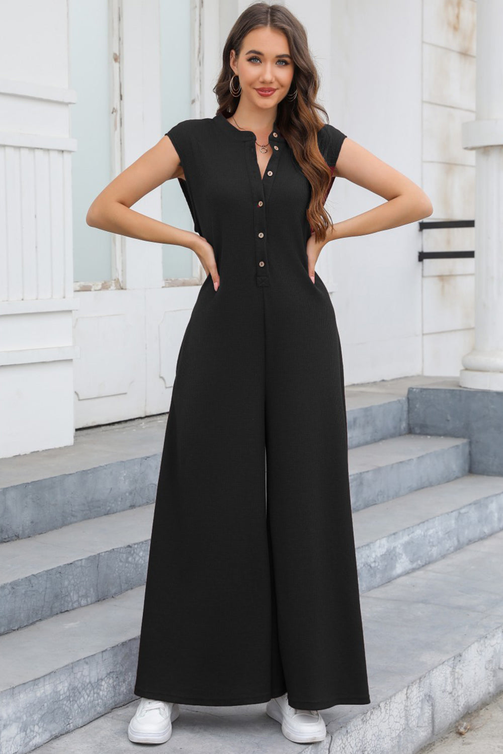 STUNNLY  Half Button Wide Leg Jumpsuit with Pockets Black S 