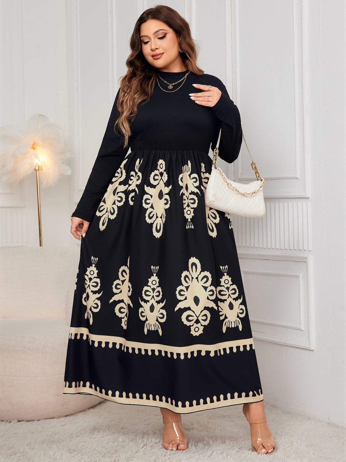 Plus Size Printed Mock Neck Long Sleeve Dress   