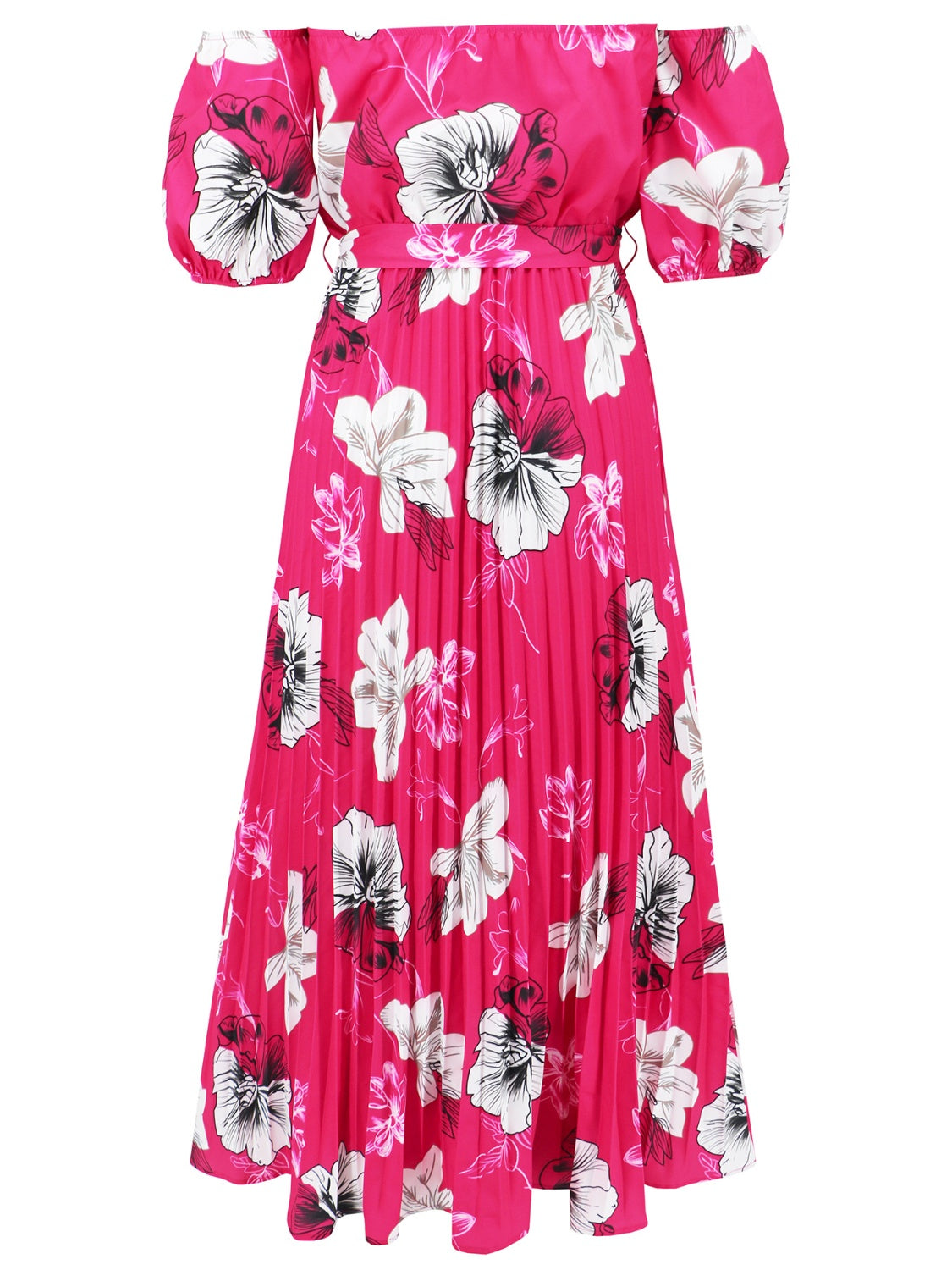 Pleated Floral Off-Shoulder Short Sleeve Midi Dress   