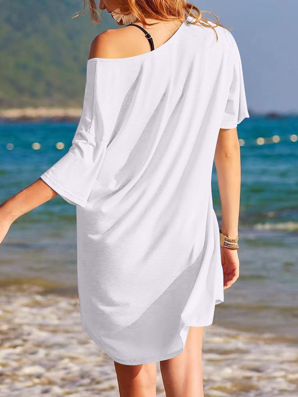 Pocketed V-Neck Short Sleeve Tee Dress White S 