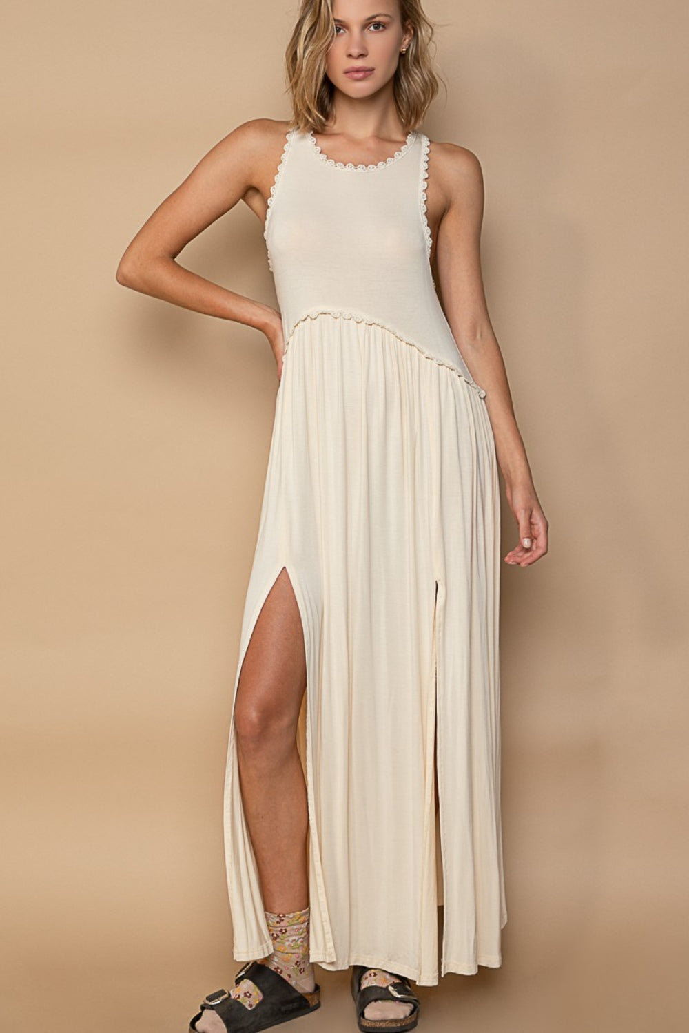 POL Sleeveless Back Zipper Front Slit Maxi Dress Cream S 