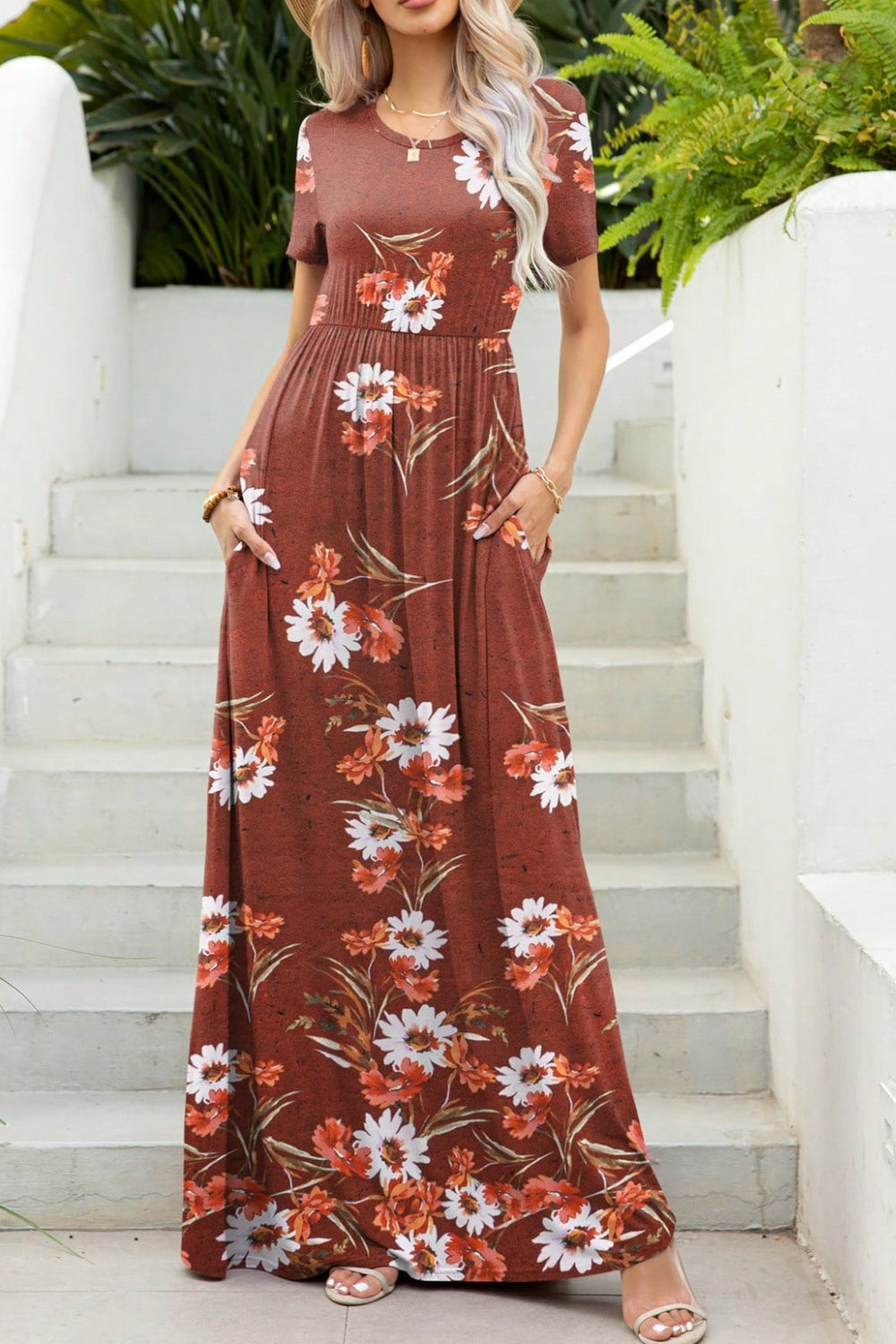 Printed Round Neck Short Sleeve Maxi Dress   