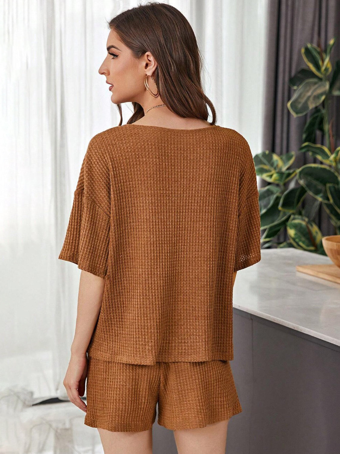 STUNNLY  Full Size Waffle-Knit Dropped Shoulder Top and Shorts Set   