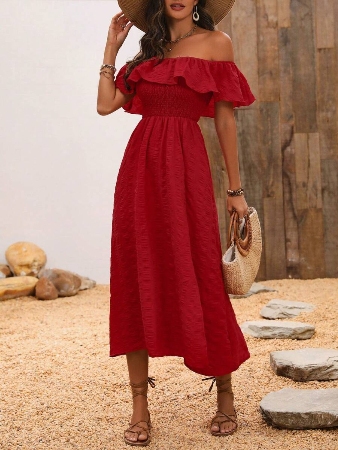 Slit Off-Shoulder Short Sleeve Midi Dress Rust S 