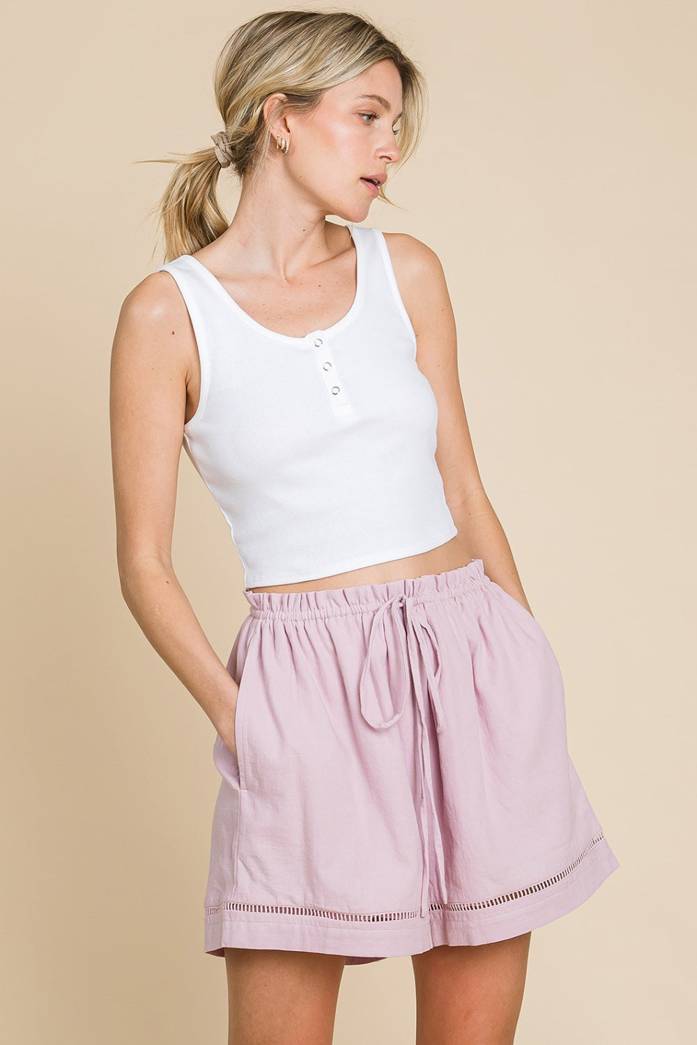 Cotton Bleu by Nu Lab High Waist Drawstring Shorts Mauve S 