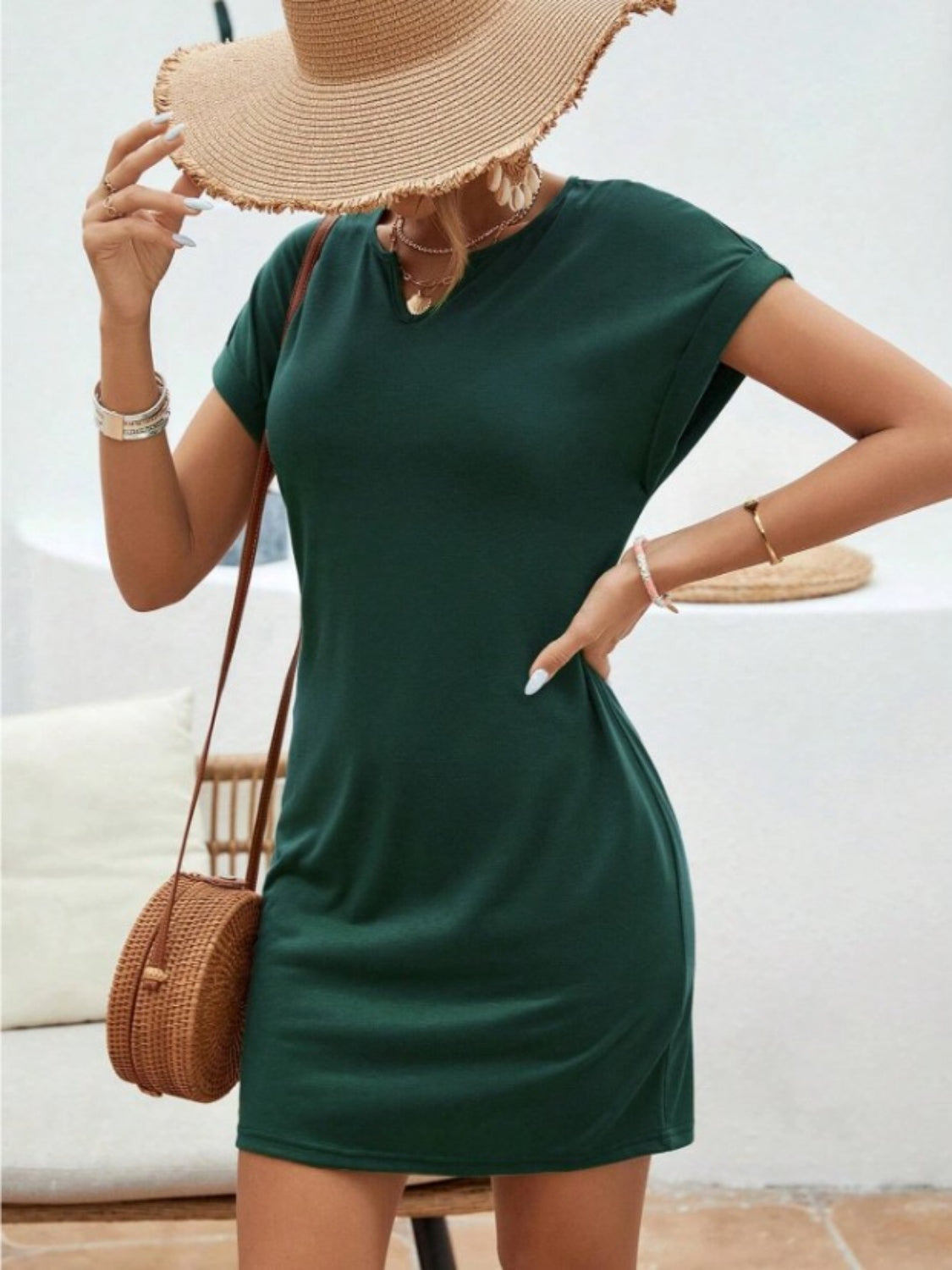 Notched Short Sleeve Mini Tee Dress   