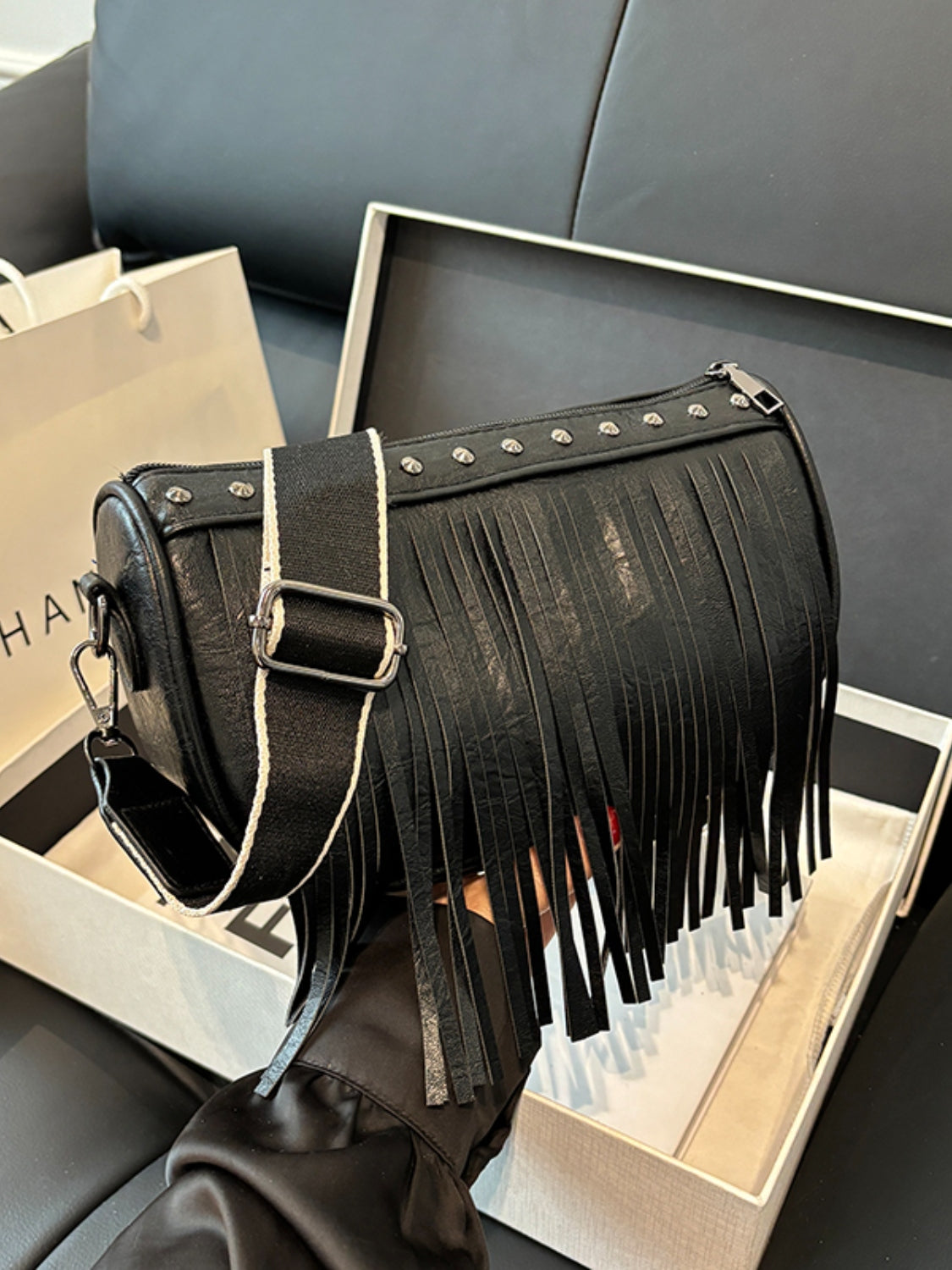 PU Leather Fringe Studded Crossbody Bag   