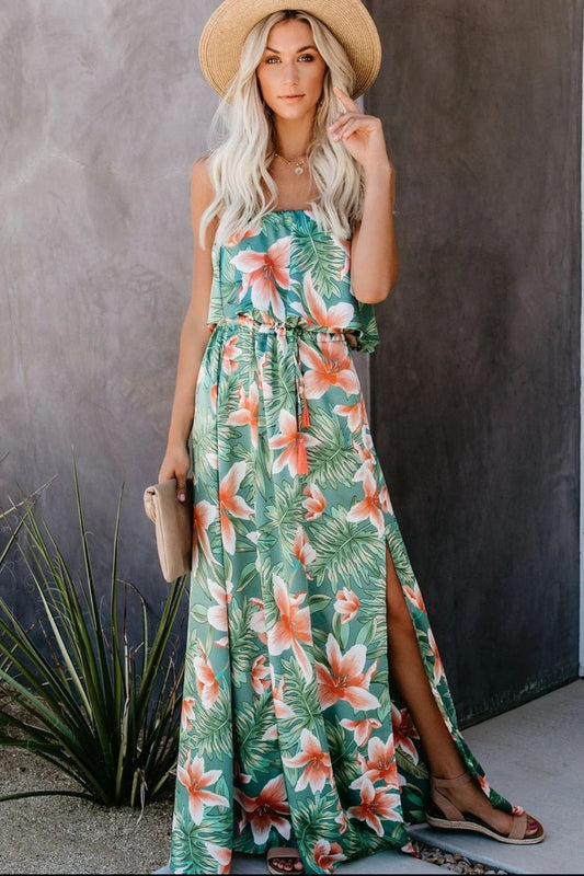 Slit Tropical Sleeveless Tube Dress Floral S 