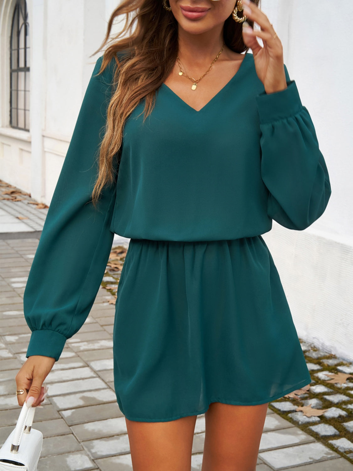 Cutout V-Neck Long Sleeve Mini Dress   