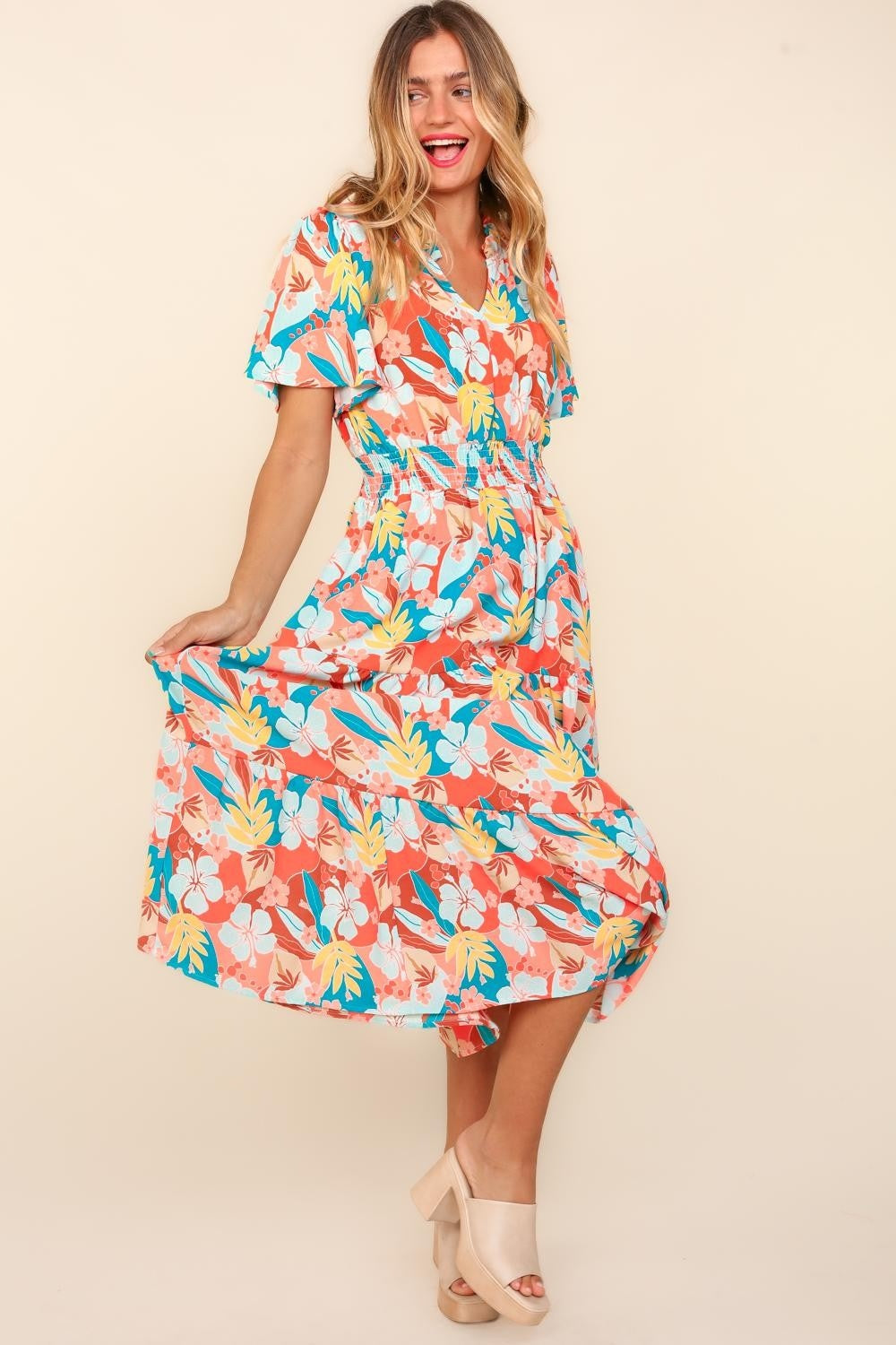 Haptics Full Size Tropical Floral Tiered Dress with Side Pockets   