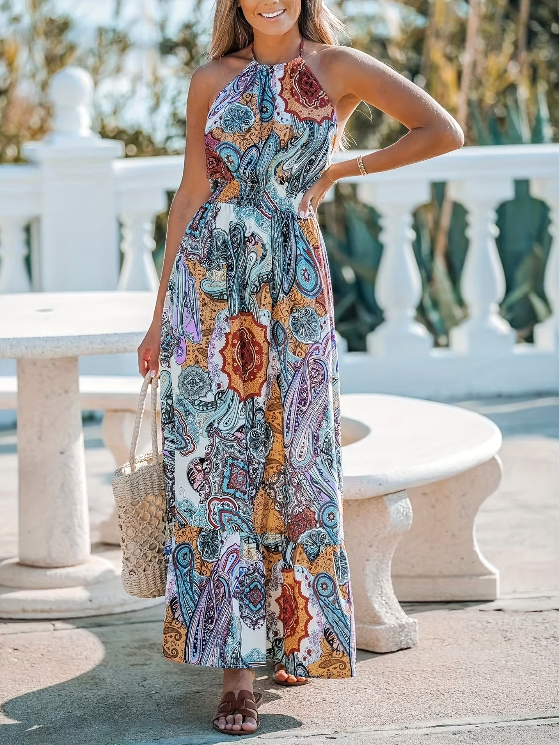 Printed Halter Neck Maxi Dress   