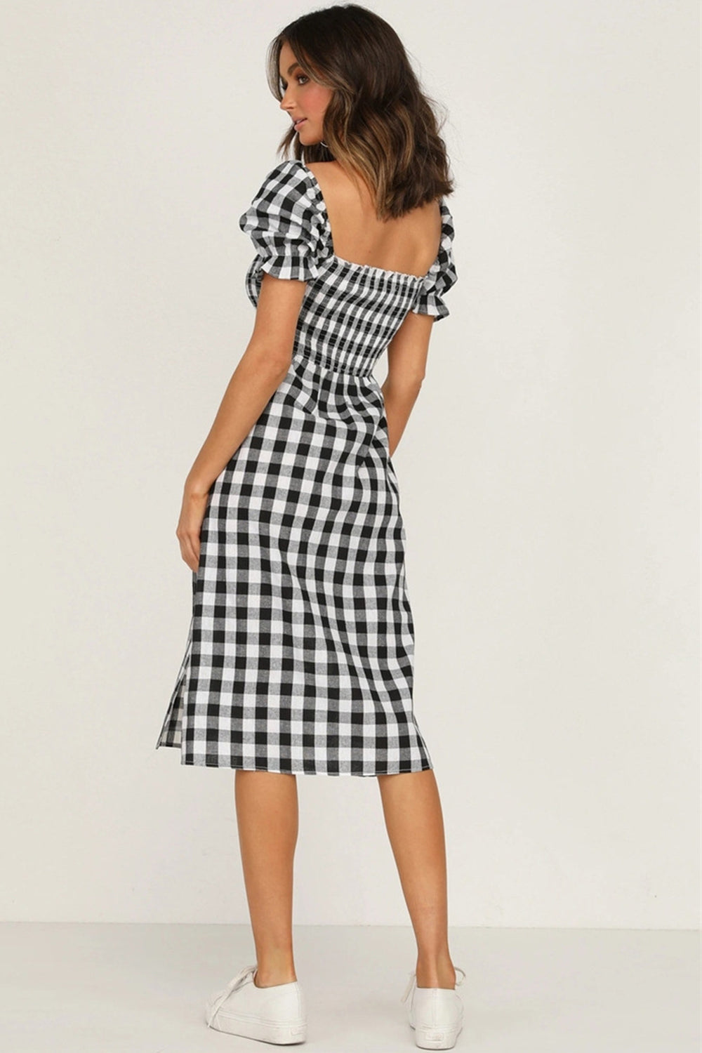 Full Size Slit Plaid Short Sleeve Midi Dress   