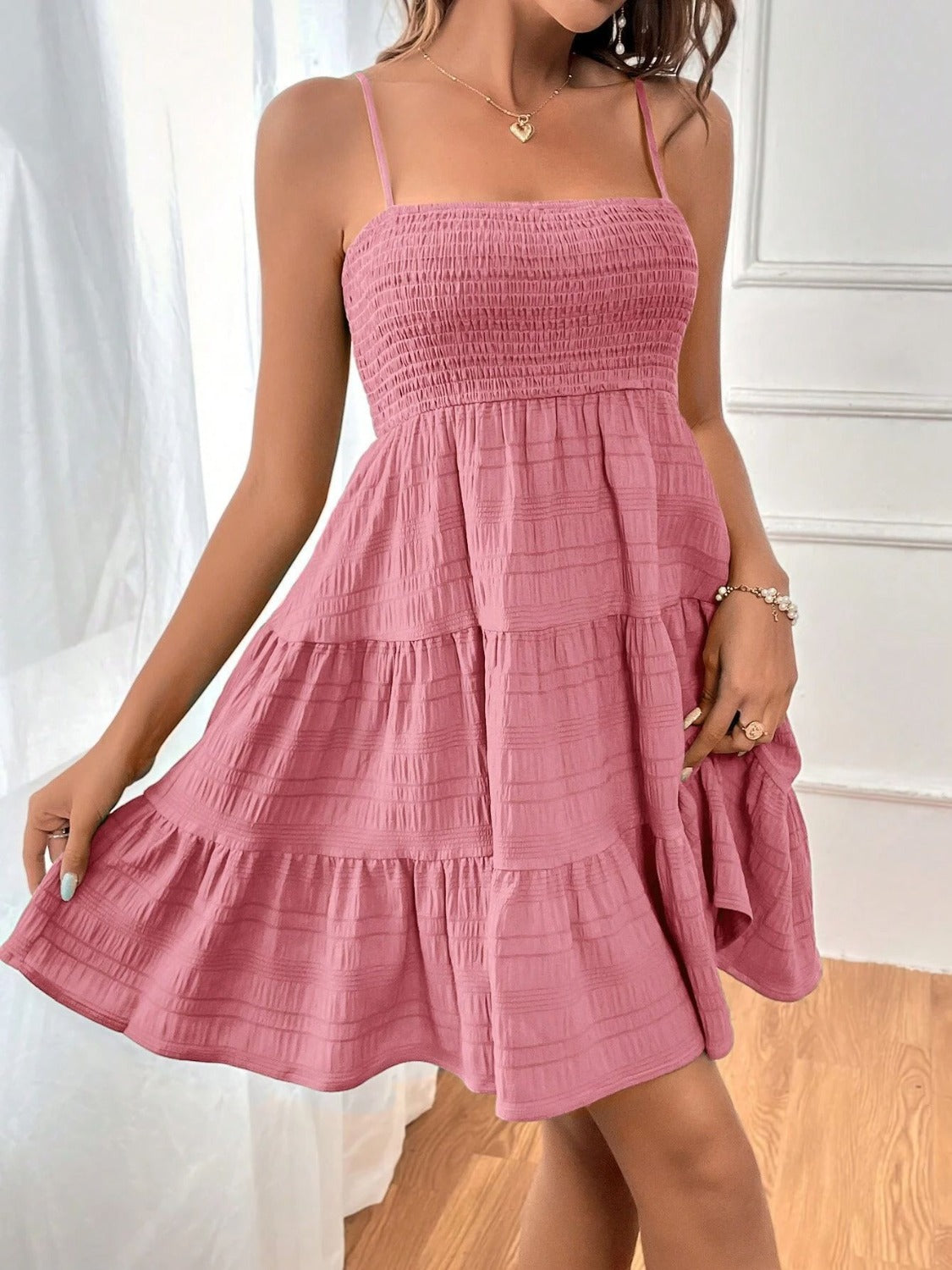 Tiered Smocked Square Neck Cami Dress Dusty Pink S 