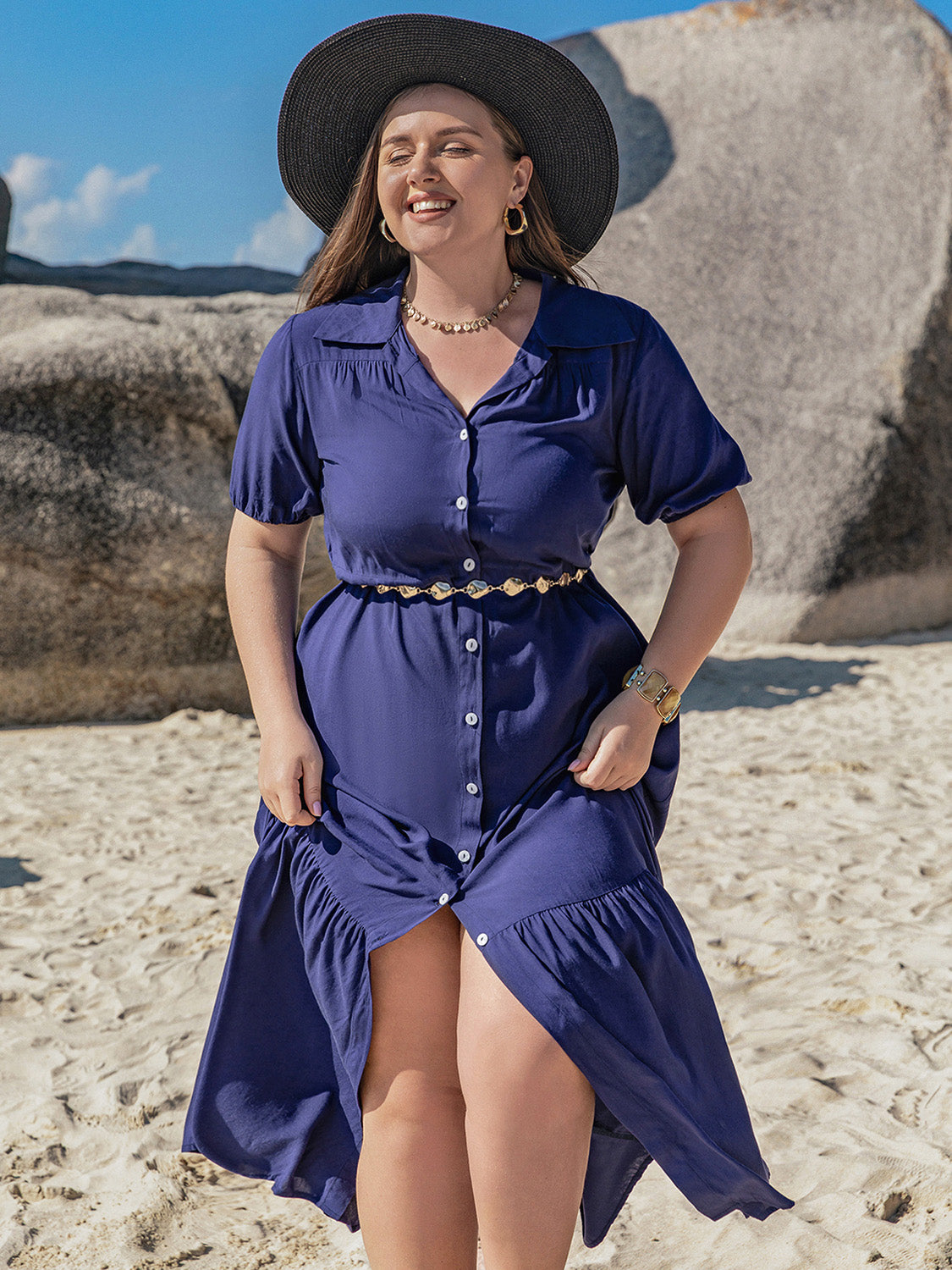 Plus Size Collared Neck Short Sleeve Midi Dress   