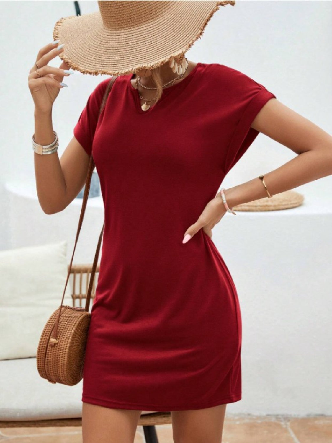 Notched Short Sleeve Mini Tee Dress Burgundy S 