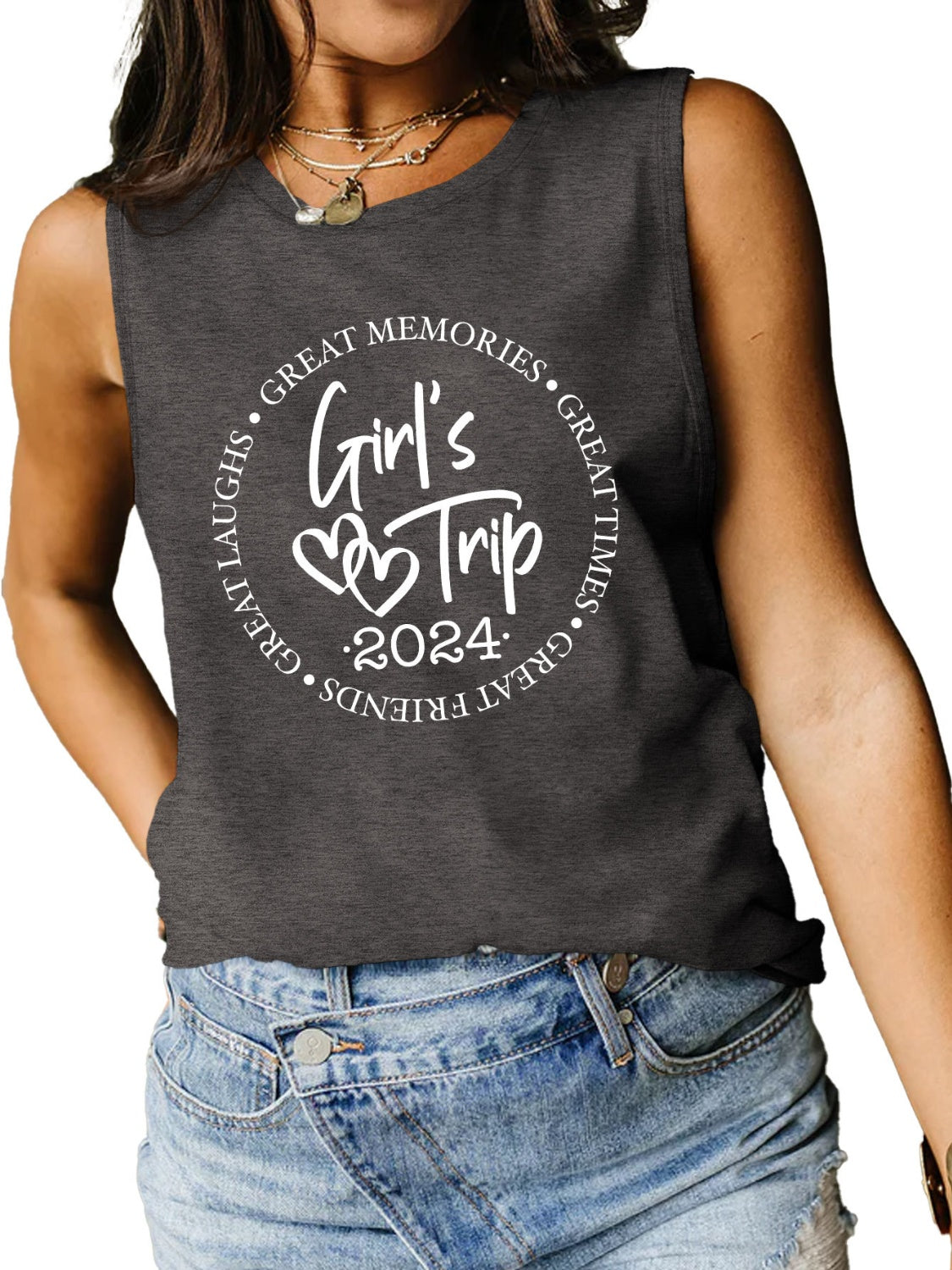 STUNNLY  Letter Graphic Round Neck Tank Charcoal S 