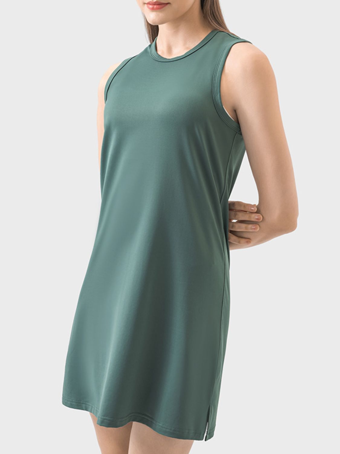 Round Neck Sleeveless Active Dress Dark Green 4 