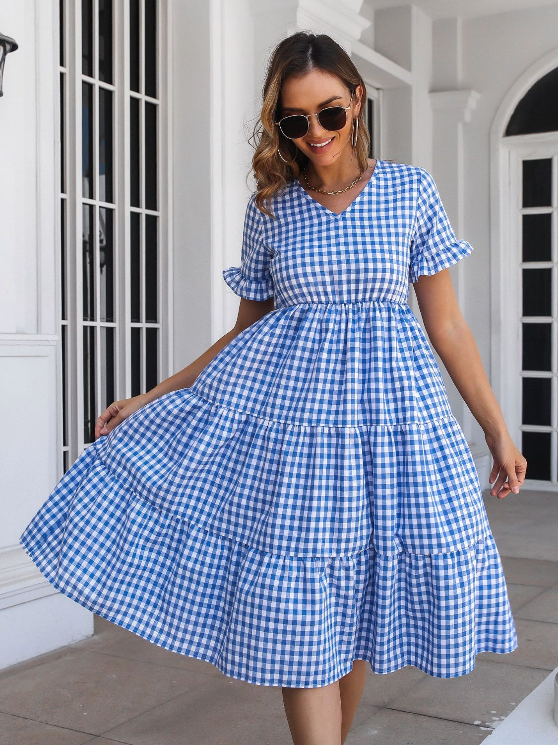 Plaid V-Neck Short Sleeve Midi Dress   