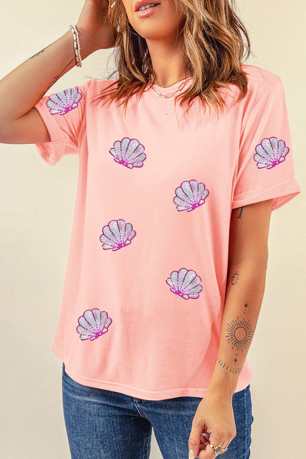 STUNNLY  Shell Round Neck Short Sleeve T-Shirt   