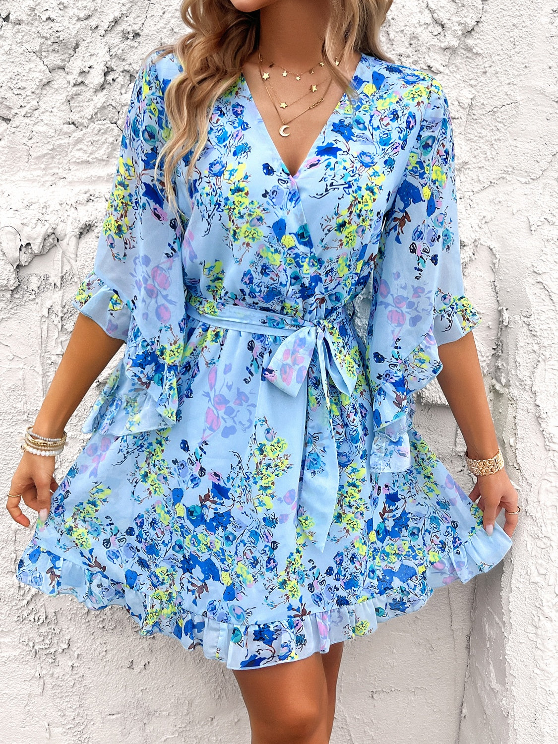 Ruffled Printed Surplice Half Sleeve Mini Dress Light Blue S 