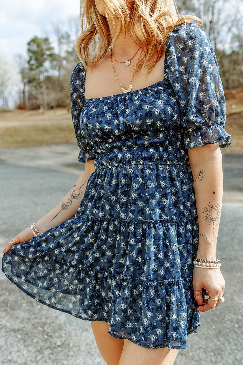 Printed Square Neck Short Sleeve Dress   