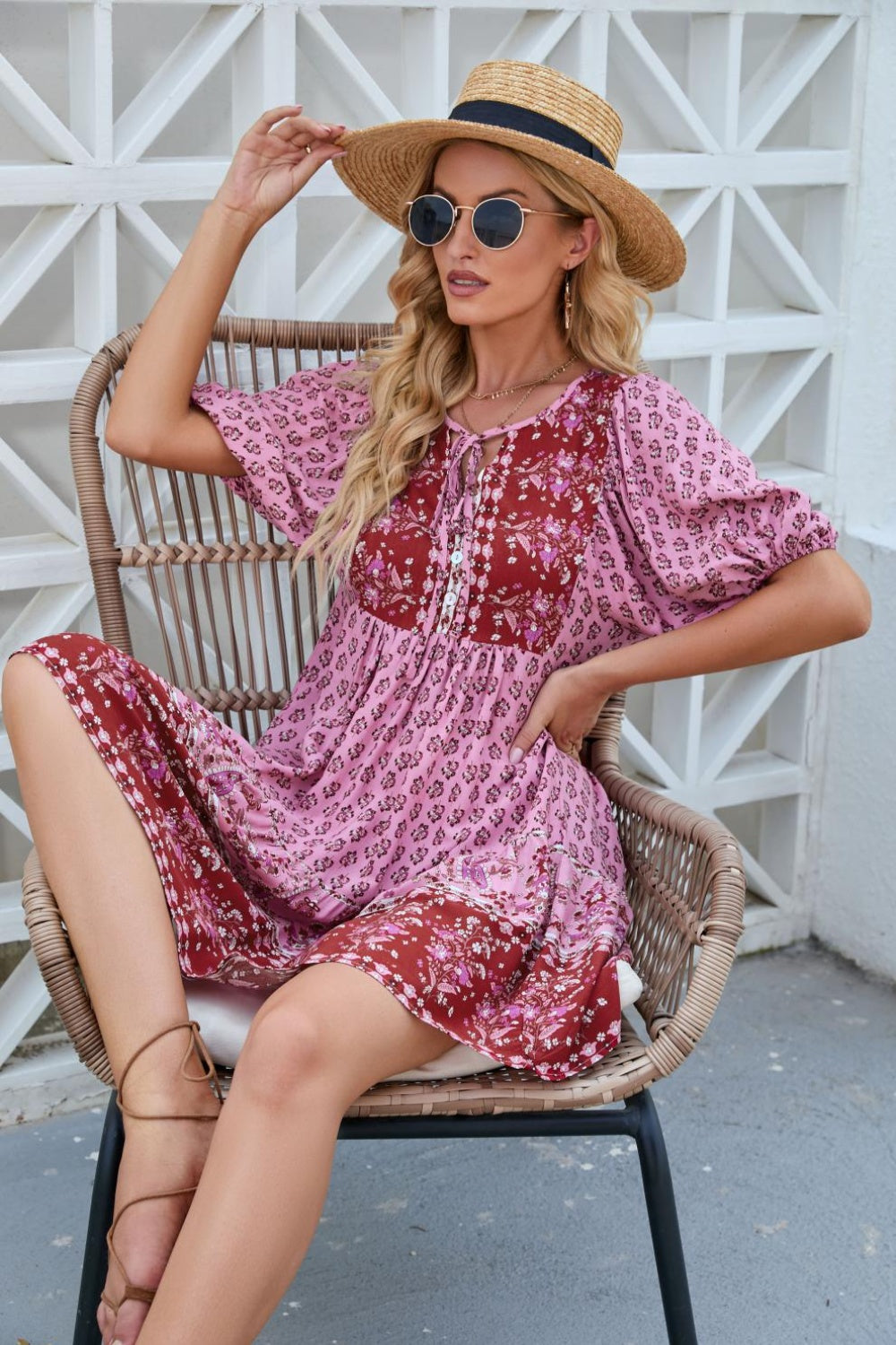 Printed Tie Neck Half Sleeve Dress   