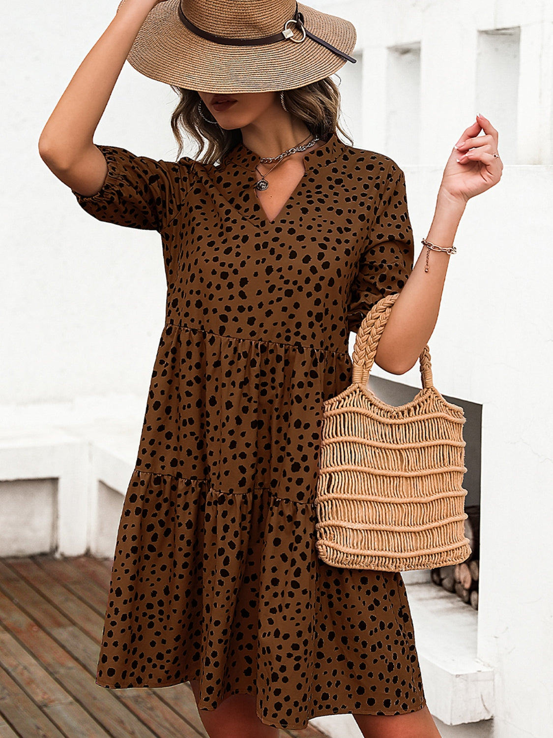 Printed Notched Half Sleeve Dress   