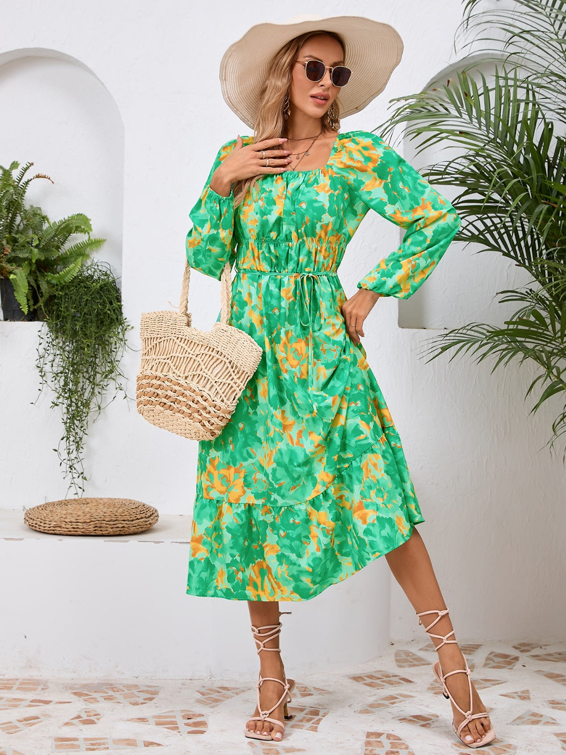 Printed Long Sleeve Midi Dress Green S 