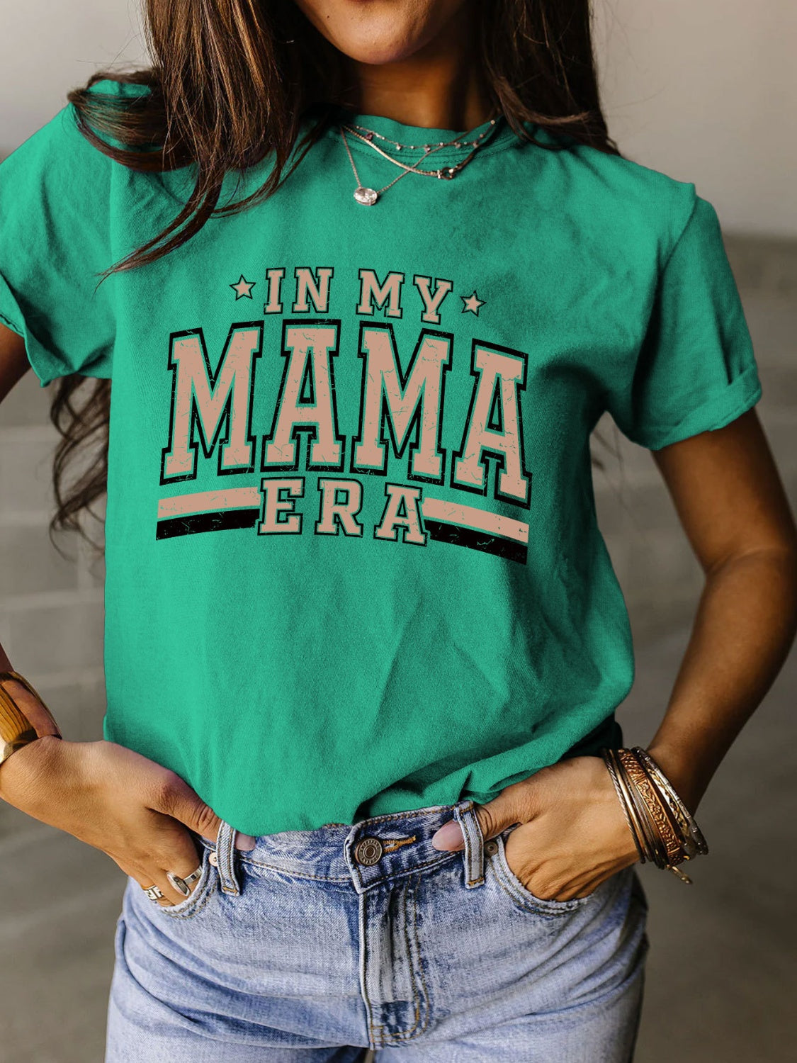 STUNNLY  Full Size Letter Graphic Round Neck Short Sleeve T-Shirt Turquoise S 