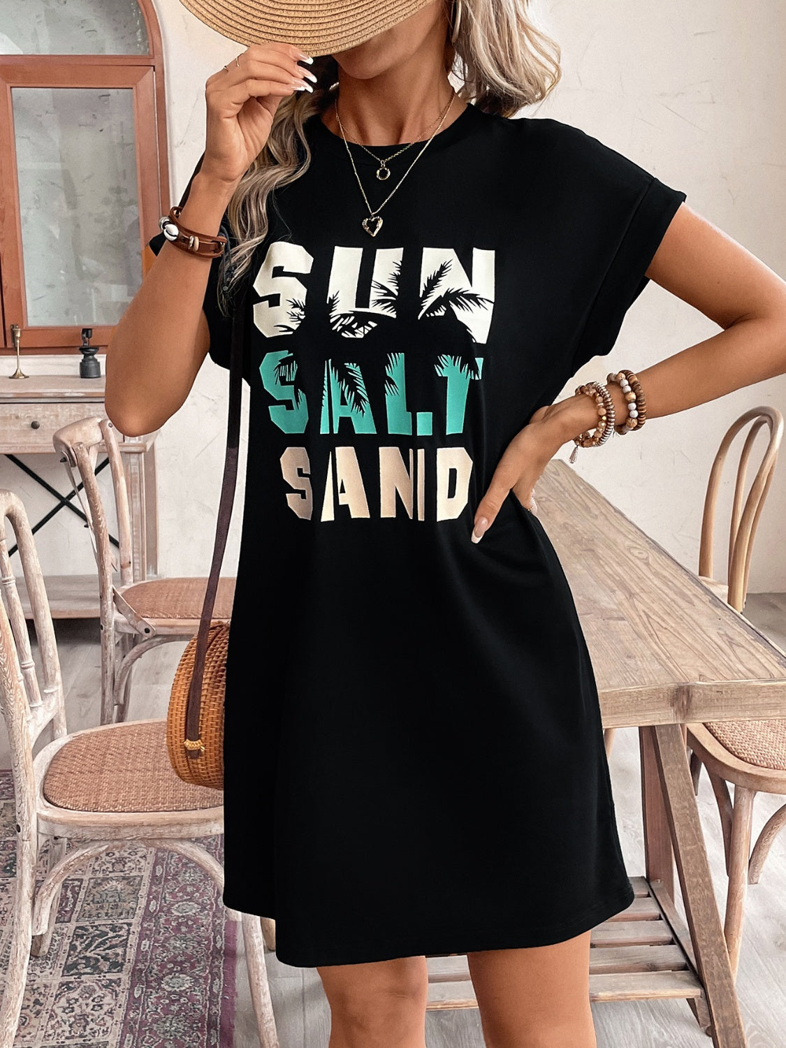 Letter Graphic Round Neck Short Sleeve Mini Tee Dress   