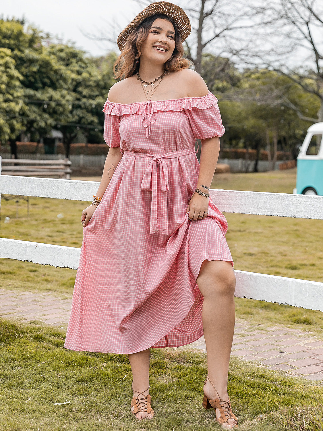 Plus Size Plaid Off-Shoulder Short Sleeve Midi Dress   