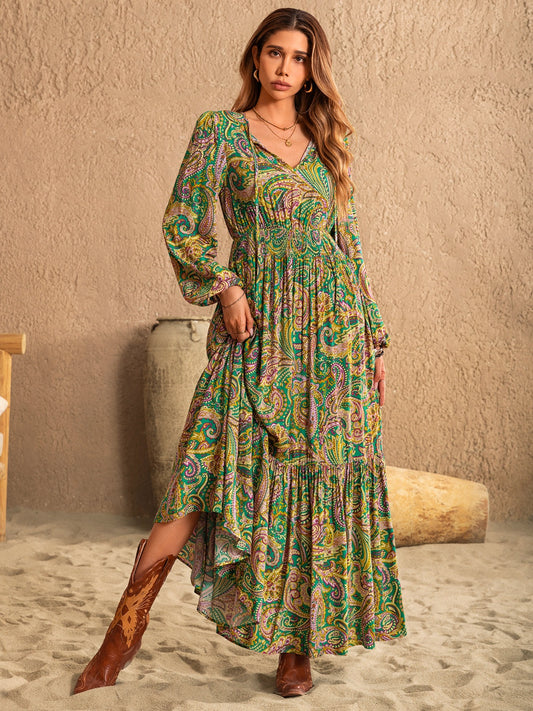 Printed Tie Neck Long Sleeve Dress Matcha Green S 