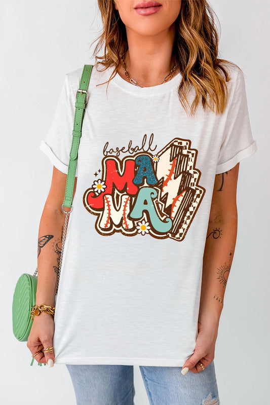 Letter Graphic Round Neck Short Sleeve T-Shirt White S 