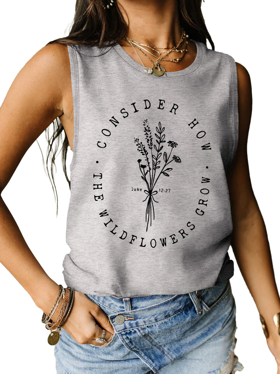 STUNNLY  Graphic Round Neck Tank Heather Gray S 