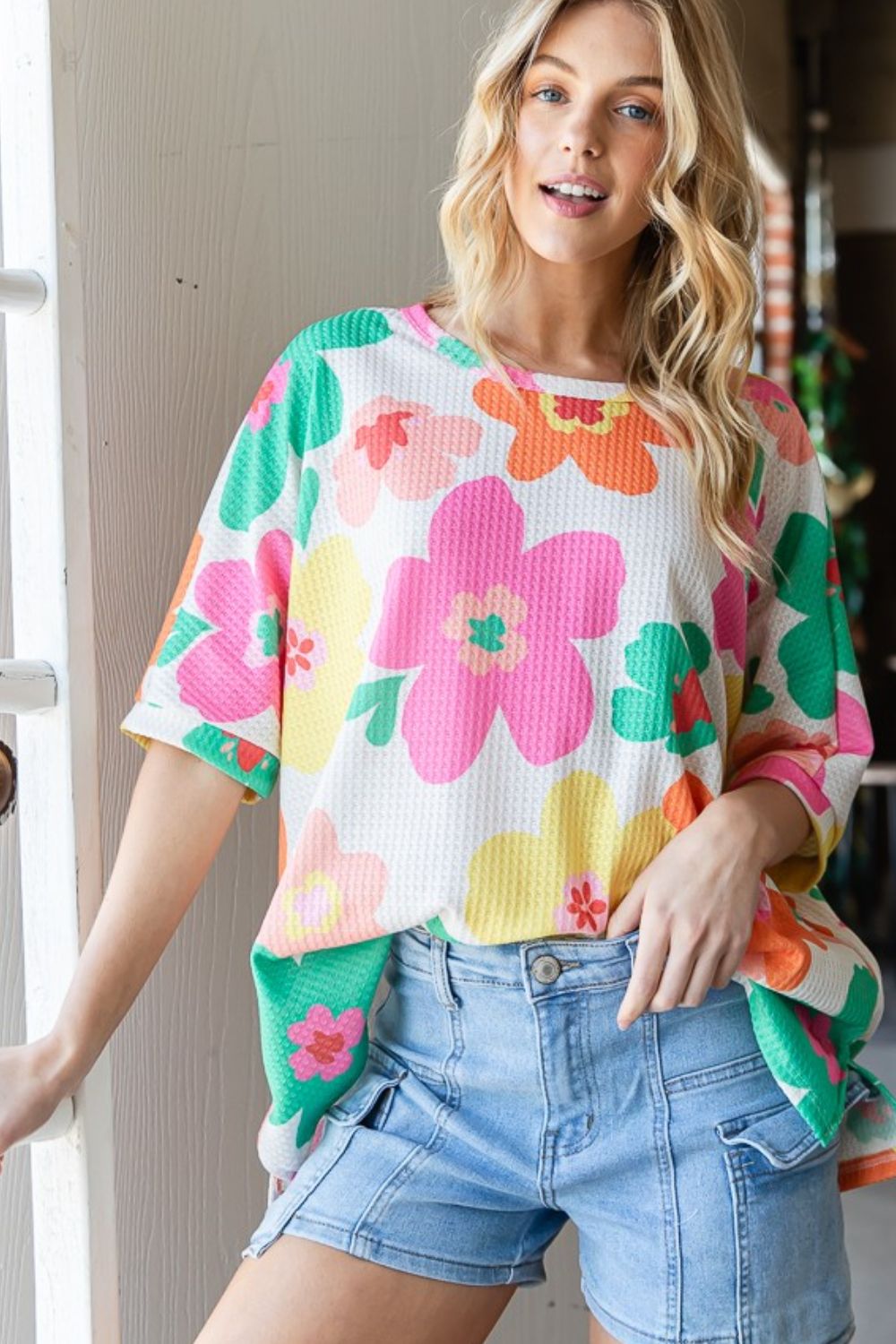 HOPELY Floral Waffle Oversize T-Shirt   