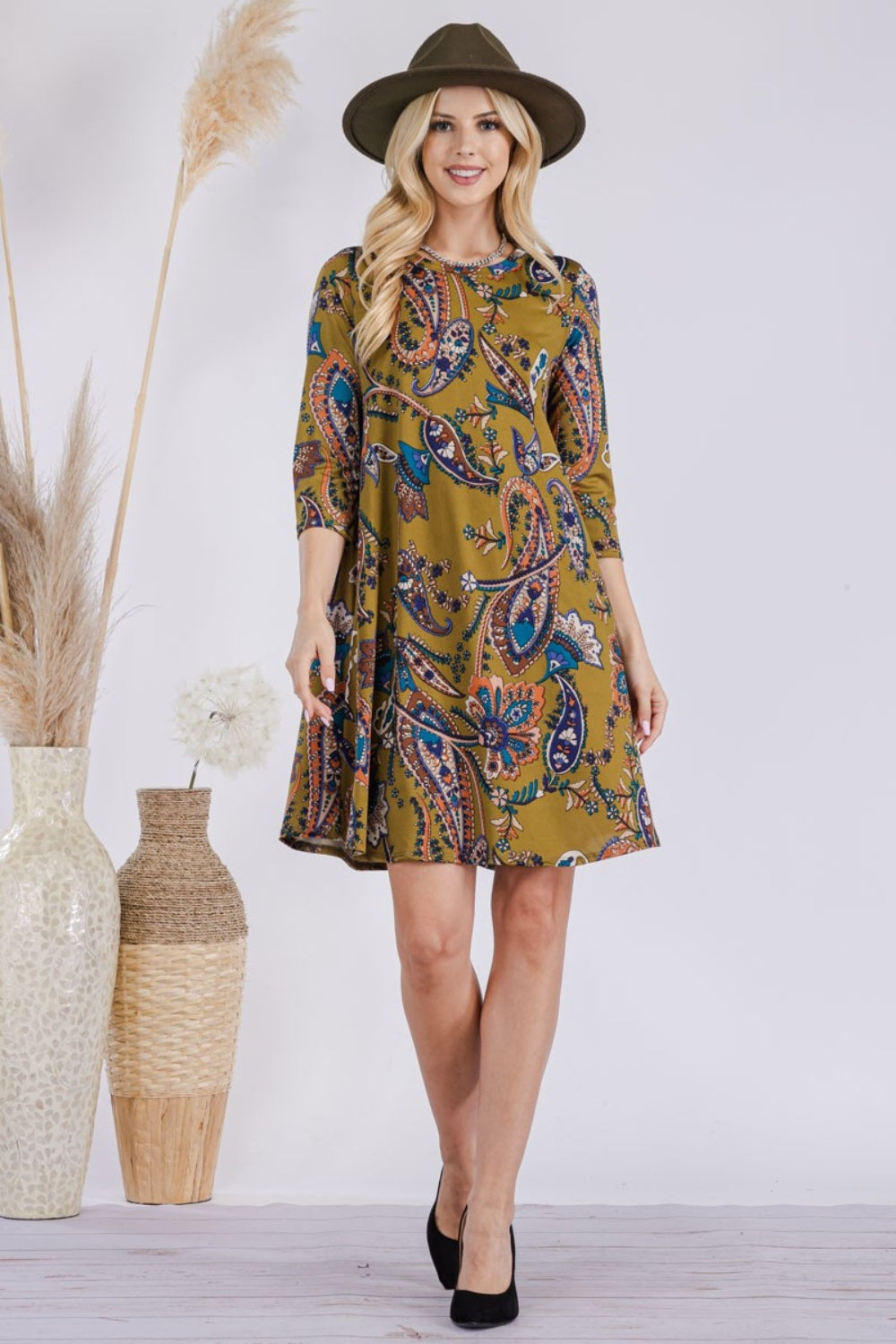 Celeste Full Size Paisley Print Round Neck Dress with Pockets Olive Paisley S 