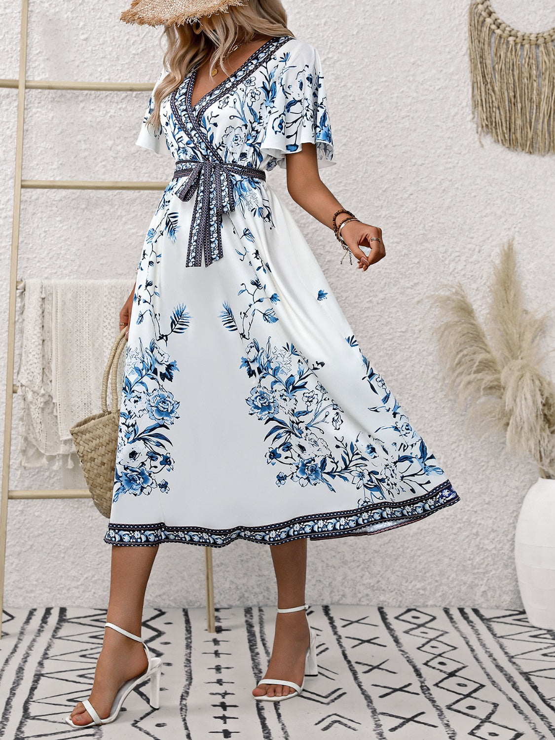 Printed Surplice Flutter Sleeve Dress   