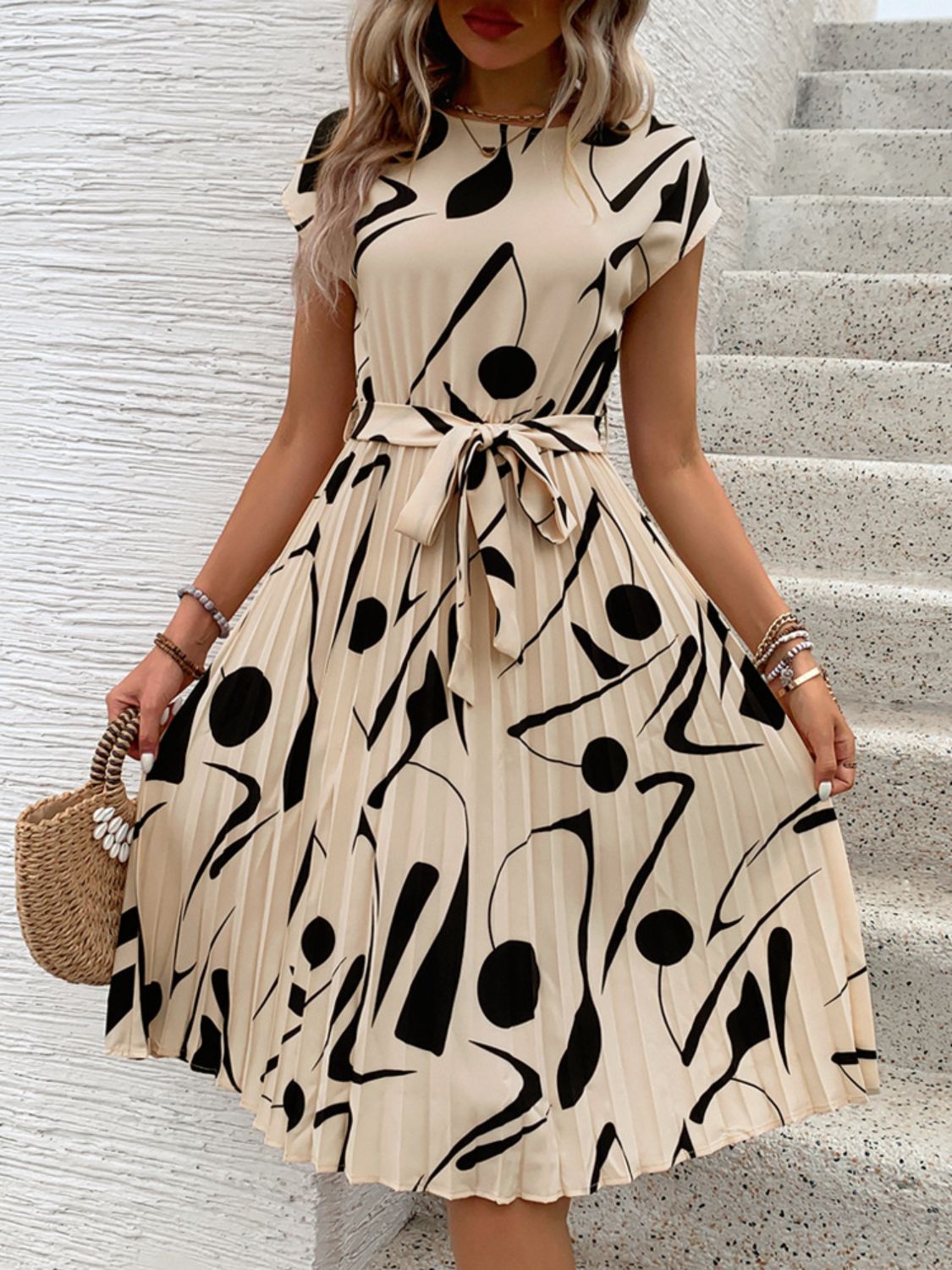 Tied Pleated Printed Cap Sleeve Dress   