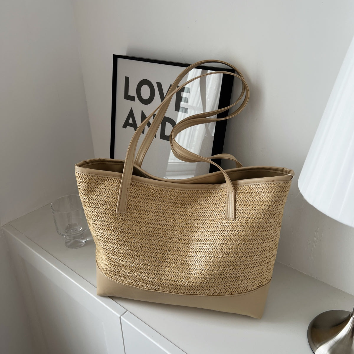 Straw Weave Leather Strap Tote Bag   