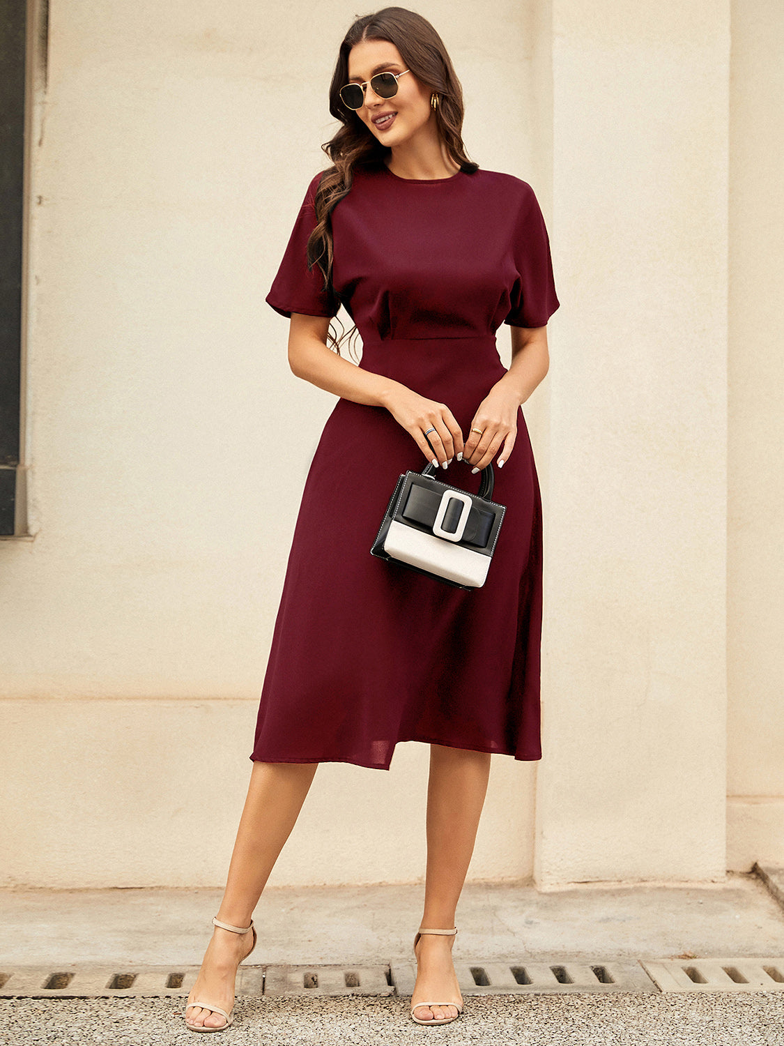 Round Neck Short Sleeve Midi Dress Burgundy S 