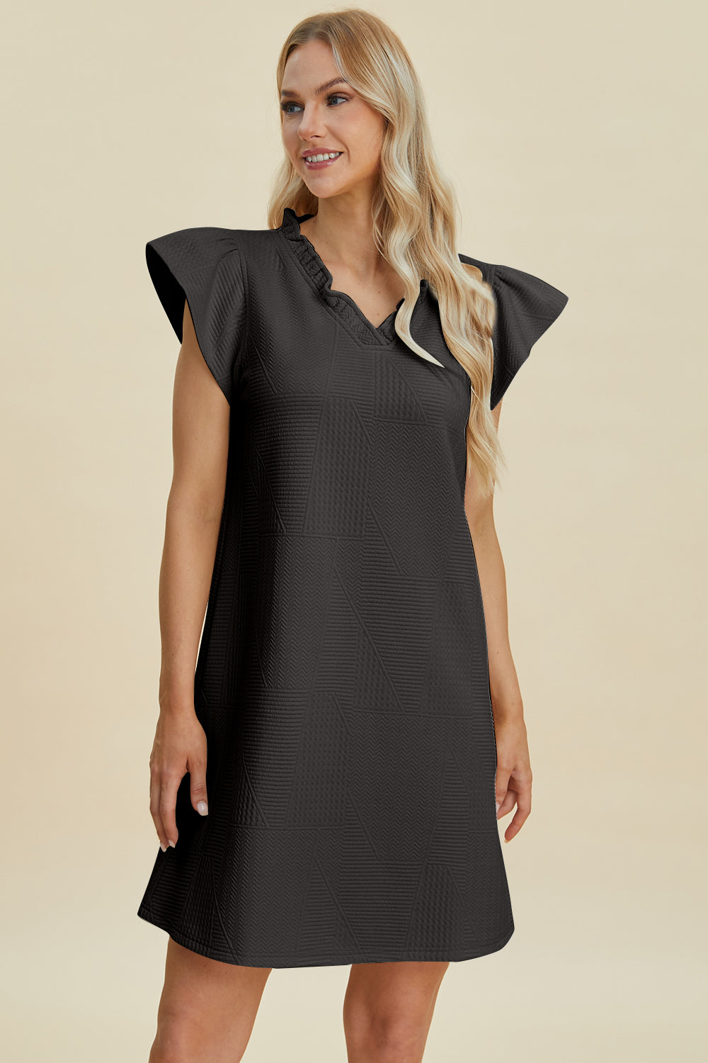 Double Take Full Size Ruffled V-Neck Cap Sleeve Dress Black S 