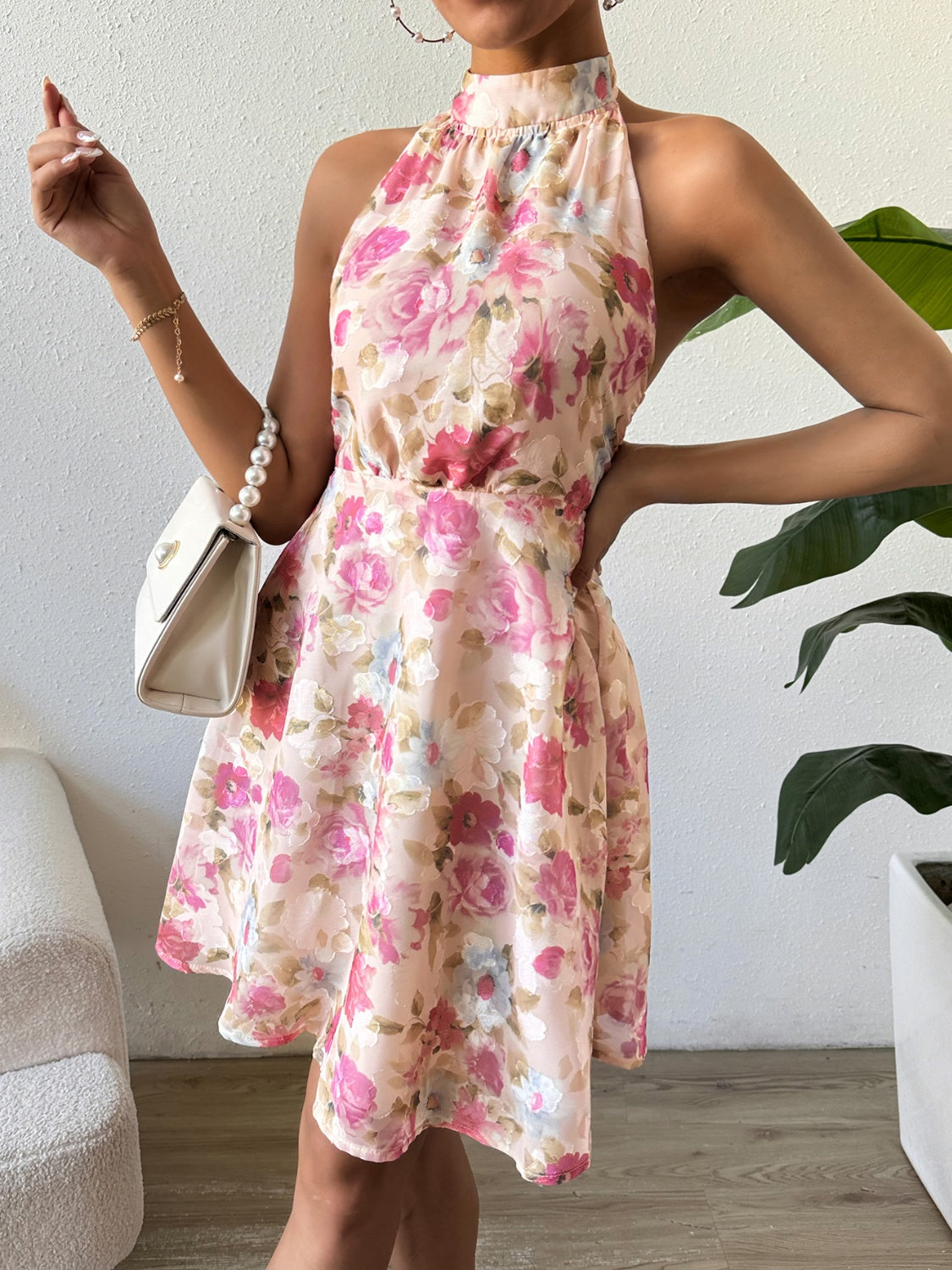 Printed Halter Neck Sleeveless Dress   