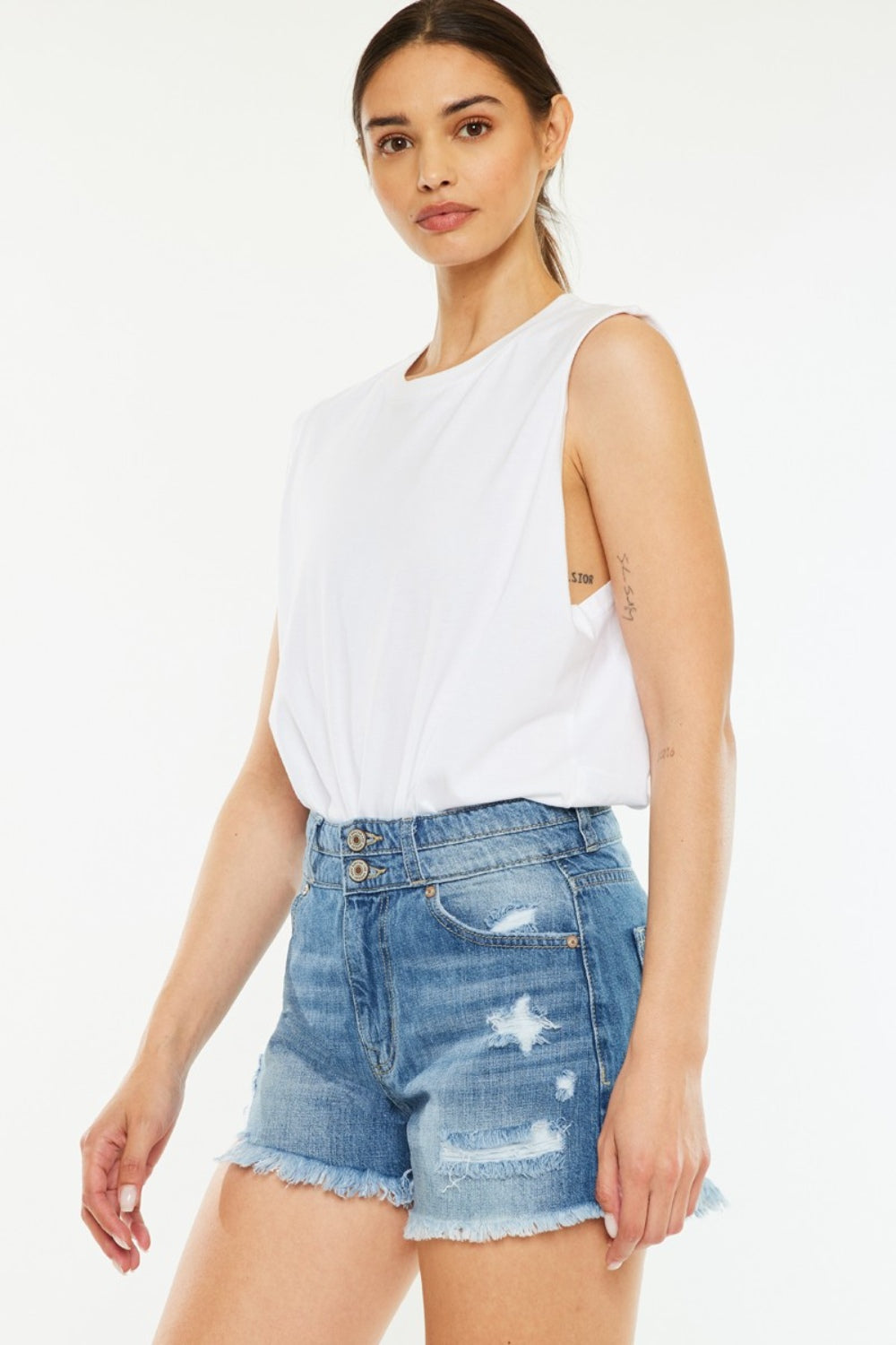 STUNNLY  Kancan Full Size High Rise Raw Hem Denim Shorts   