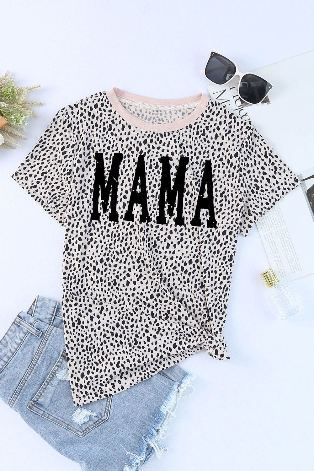 STUNNLY  MAMA Animal Print Round Neck Short Sleeve T-Shirt   