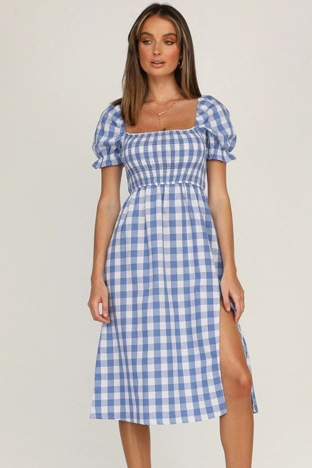 Full Size Slit Plaid Short Sleeve Midi Dress   