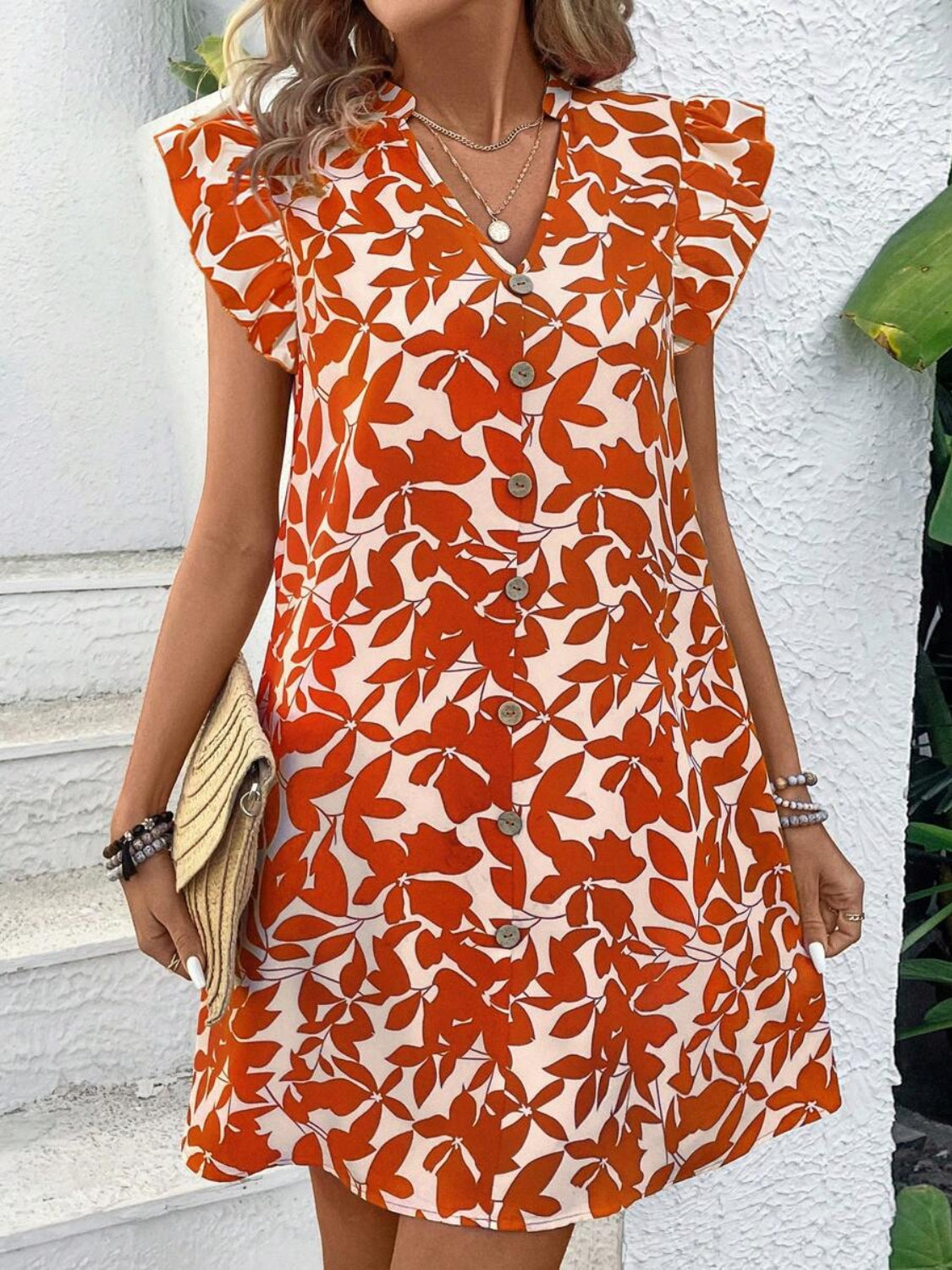 Printed Notched Cap Sleeve Mini Dress   