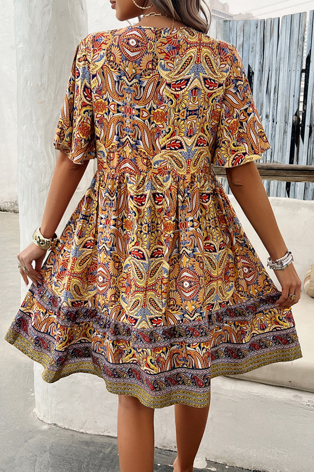 STUNNLY  Printed V-Neck Half Sleeve Mini Dress   