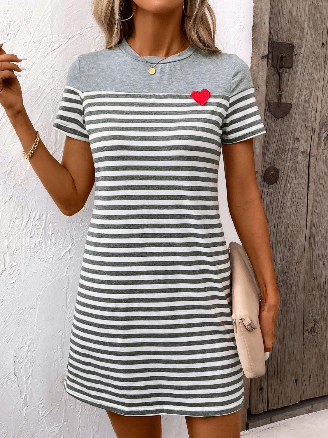 Striped Round Neck Short Sleeve Mini Dress Gray S 