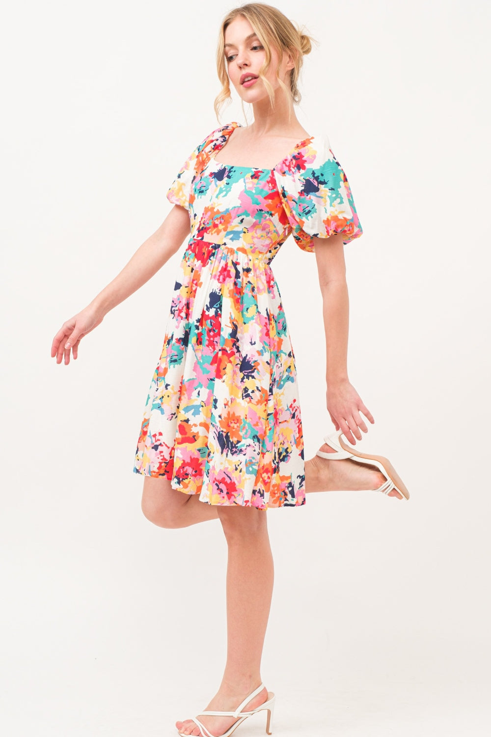 And The Why Square Neck Puff Sleeve Floral Dress   