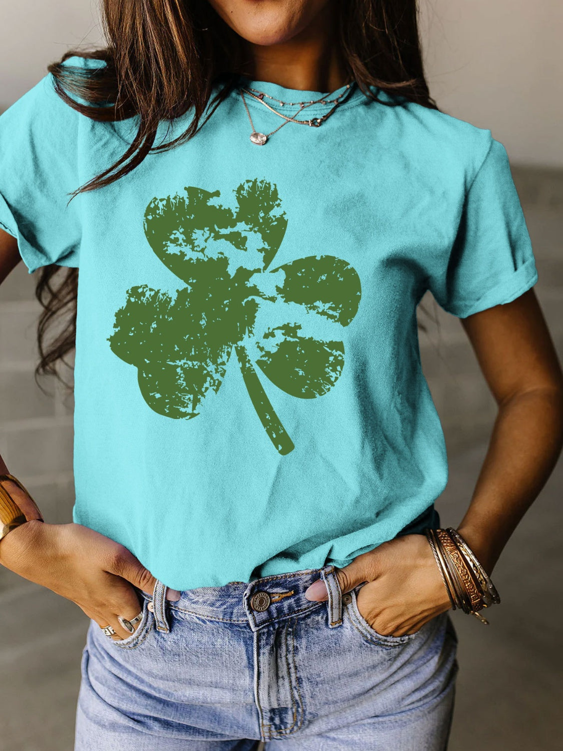 STUNNLY  Full Size Lucky Clover Round Neck Short Sleeve T-Shirt Pastel  Blue S 